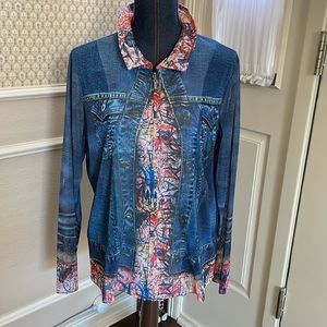 EUC John Mark Womens Sheer Denim Jacket Look Full Zip Size L